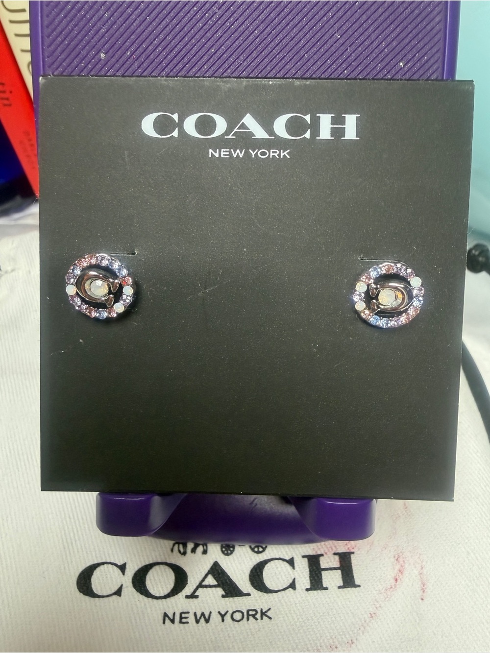 COACH New York Purple Crystal Circle Stud Earrings NWT